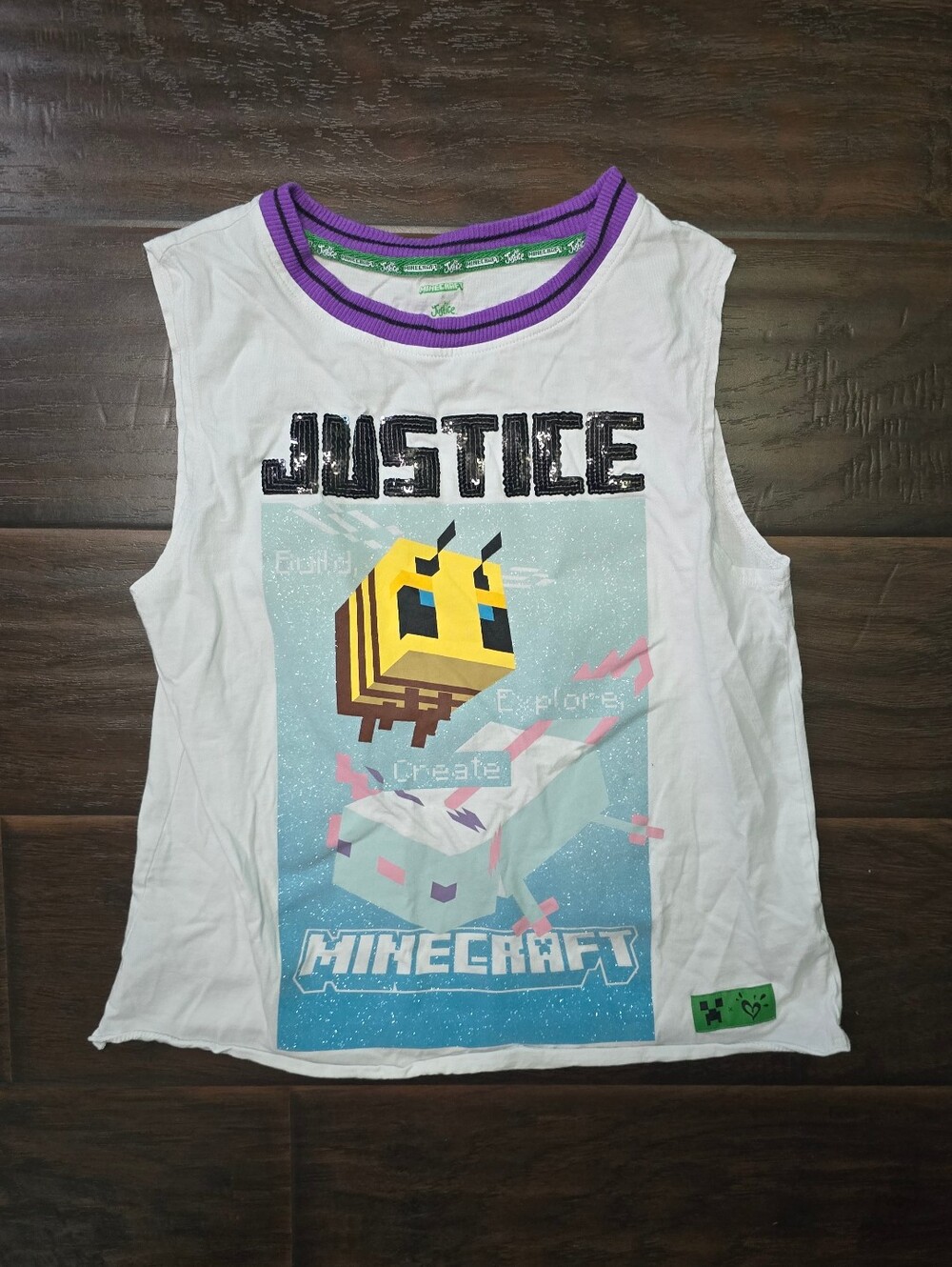 Justice Girls Minecraft Bee Axolotl Glitter White Tank Top Medium